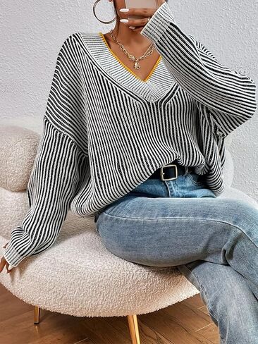 Cakulo Womens Fall 2024 Oversized Striped V Neck Sweaters Long Sleeve Knit Color Block Trendy Pullover Sweater Top in Saudi Arabia