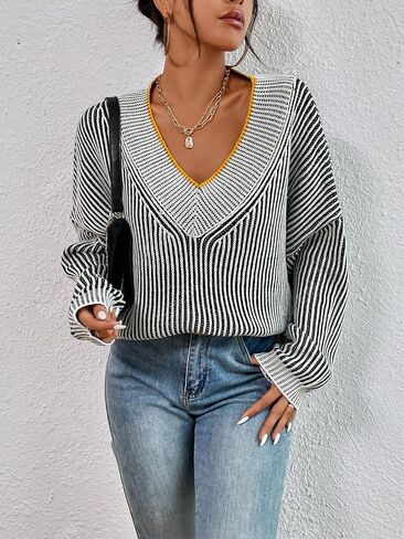 Cakulo Womens Fall 2024 Oversized Striped V Neck Sweaters Long Sleeve Knit Color Block Trendy Pullover Sweater Top in Saudi Arabia