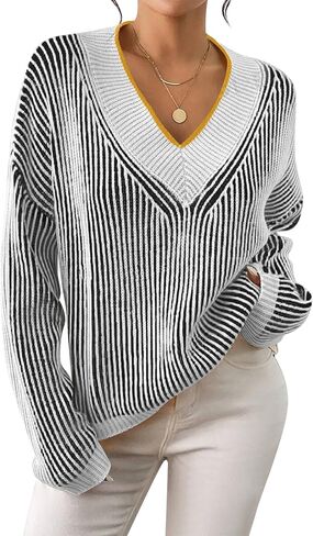 Cakulo Womens Fall 2024 Oversized Striped V Neck Sweaters Long Sleeve Knit Color Block Trendy Pullover Sweater Top in Saudi Arabia