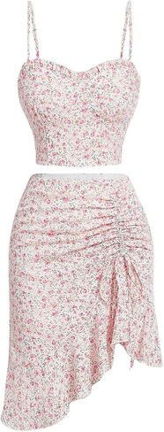Women's 2 Piece Y2K Floral Print Spaghetti Strap Shirred Cami Crop Top and Drawstring Ruffle Hem Skirt Sets Multicolor Large in Saudi Arabia