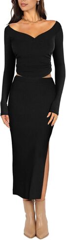 Lrady Women's Two Piece Maxi Skirt Sets Ribbed Knit Long Sleeve Tops Slit Bodycon Skirts Casual Party Dress Set in Saudi Arabia