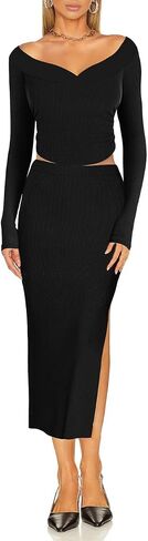 Lrady Women's Two Piece Maxi Skirt Sets Ribbed Knit Long Sleeve Tops Slit Bodycon Skirts Casual Party Dress Set in Saudi Arabia