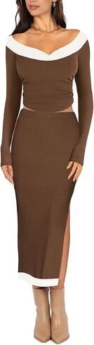 Lrady Women's Two Piece Maxi Skirt Sets Ribbed Knit Long Sleeve Tops Slit Bodycon Skirts Casual Party Dress Set in Saudi Arabia
