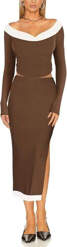 Lrady Women's Two Piece Maxi Skirt Sets Ribbed Knit Long Sleeve Tops Slit Bodycon Skirts Casual Party Dress Set in Saudi Arabia