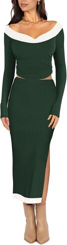 Lrady Women's Two Piece Maxi Skirt Sets Ribbed Knit Long Sleeve Tops Slit Bodycon Skirts Casual Party Dress Set in Saudi Arabia