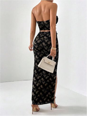 GORGLITTER Women's 2 Piece Sets Lace Strapless Bandeau Tube Top and Split Bodycon Maxi Skirt Set Trendy Summer Outfit in Kuwait