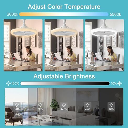 Ceiling Fan with Lights and Remote - Small Ceiling Fan Light 10 inch Bladeless Screw in Socket Fan Dimmable 3 Colors LED Lights E27 Base Mini Fandelier Ceiling Fan for Bedroom Indoor White in Saudi Arabia