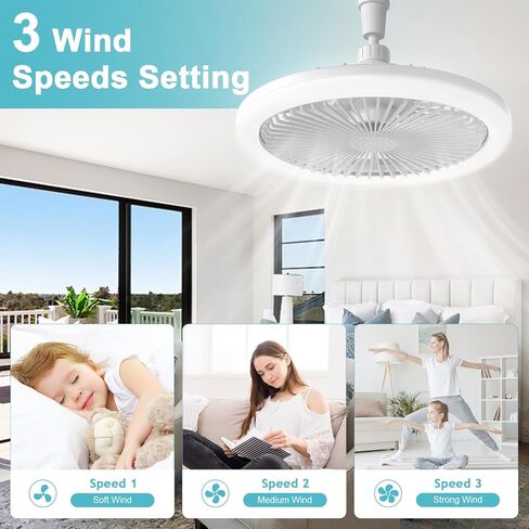 Ceiling Fan with Lights and Remote - Small Ceiling Fan Light 10 inch Bladeless Screw in Socket Fan Dimmable 3 Colors LED Lights E27 Base Mini Fandelier Ceiling Fan for Bedroom Indoor White in Saudi Arabia