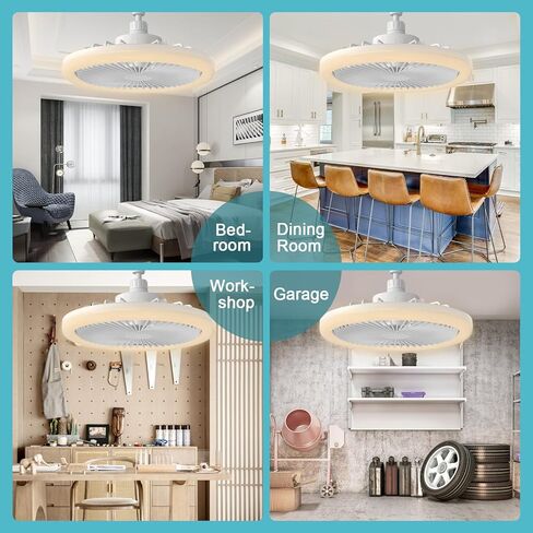 Ceiling Fan with Lights and Remote - Small Ceiling Fan Light 10 inch Bladeless Screw in Socket Fan Dimmable 3 Colors LED Lights E27 Base Mini Fandelier Ceiling Fan for Bedroom Indoor White in Saudi Arabia