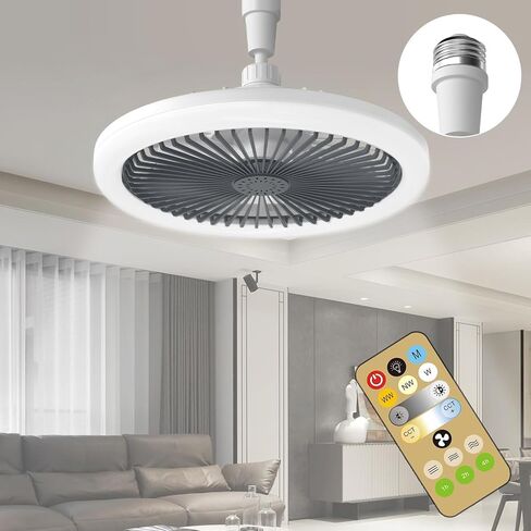 Ceiling Fan with Lights and Remote - Small Ceiling Fan Light 10 inch Bladeless Screw in Socket Fan Dimmable 3 Colors LED Lights E27 Base Mini Fandelier Ceiling Fan for Bedroom Indoor White in Saudi Arabia