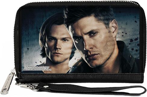 محفظة خارقة بإبزيم للأسفل، سحاب حولها، لون رمادي داكن من Supernatural Winchester Brothers، جلد نباتي in Saudi Arabia