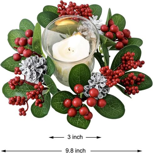 مجموعة من 2، حلقات شموع عيد الميلاد، صنوبر صناعي مع التوت الأحمر لعمود عيد الميلاد، أكاليل شموع دائرية مقاس 7.62 سم، حلقة ديكور حامل شموع احتفالية لطاولة عيد الميلاد in Kuwait