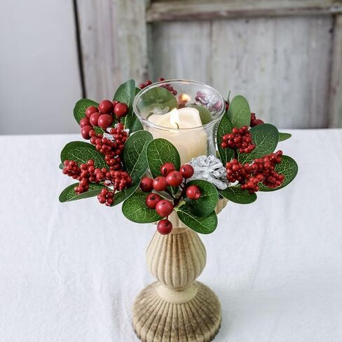 مجموعة من 2، حلقات شموع عيد الميلاد، صنوبر صناعي مع التوت الأحمر لعمود عيد الميلاد، أكاليل شموع دائرية مقاس 7.62 سم، حلقة ديكور حامل شموع احتفالية لطاولة عيد الميلاد in Kuwait