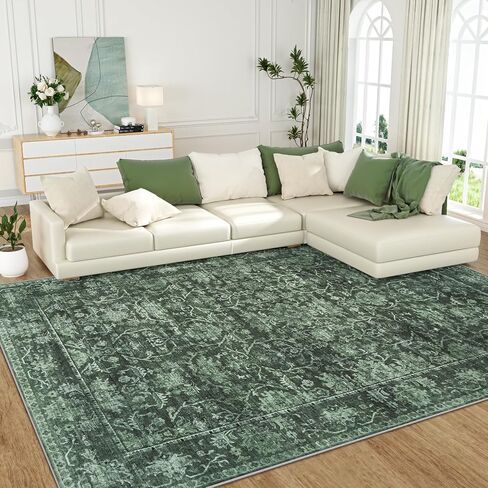 9X12 Area Rugs for Living Room: Large Rug for Bedroom Non-Slip Stain Resistance Low Pile, Machine Washable Rugs Indoor Accent Carpet for Bedroom Dining Room, Kitchen, Home Office, Green in Saudi Arabia