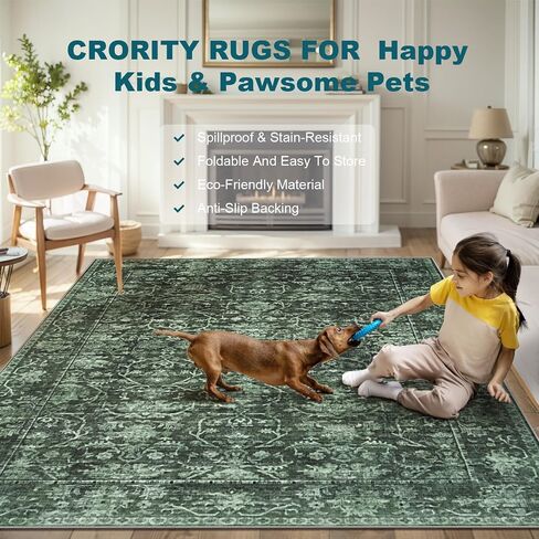 9X12 Area Rugs for Living Room: Large Rug for Bedroom Non-Slip Stain Resistance Low Pile, Machine Washable Rugs Indoor Accent Carpet for Bedroom Dining Room, Kitchen, Home Office, Green in Saudi Arabia