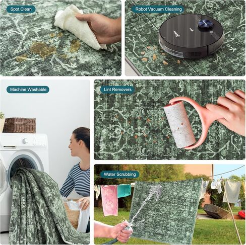 9X12 Area Rugs for Living Room: Large Rug for Bedroom Non-Slip Stain Resistance Low Pile, Machine Washable Rugs Indoor Accent Carpet for Bedroom Dining Room, Kitchen, Home Office, Green in Saudi Arabia