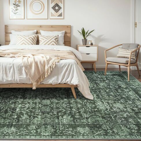 9X12 Area Rugs for Living Room: Large Rug for Bedroom Non-Slip Stain Resistance Low Pile, Machine Washable Rugs Indoor Accent Carpet for Bedroom Dining Room, Kitchen, Home Office, Green in Saudi Arabia