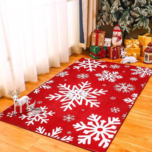 Christmas Area Rug Xmas Snowflake Washable Non Slip Rug, Red White Xmas Winter Door Mat Holiday Decor Carpet for Living Room Bedroom Dining Room Kitchen Bathroom Hallway (3 x 5 Feet) in Kuwait