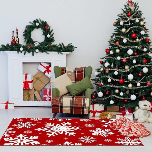 Christmas Area Rug Xmas Snowflake Washable Non Slip Rug, Red White Xmas Winter Door Mat Holiday Decor Carpet for Living Room Bedroom Dining Room Kitchen Bathroom Hallway (3 x 5 Feet) in Kuwait