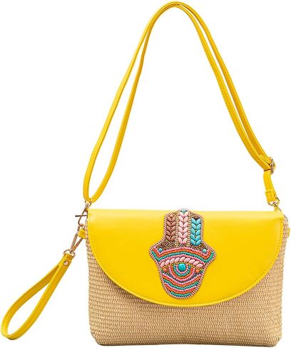 احصل على محافظ بمقبض من القش، حقيبة كروس للعطلات الصيفية على الشاطئ للنساء، حقائب يد بمحفظة على شكل ظرف منسوجة in Kuwait