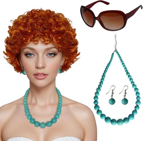 Short Curly Orange Red Wig with Glasses Jewelry Set Reddish Curly Wig Synthetic Womens Wig with Green Necklace Earrings Costume Accessories for Halloween Party Costume Cosplay in Saudi Arabia