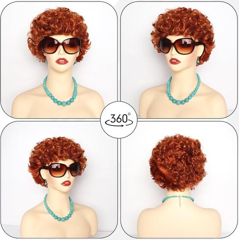 Short Curly Orange Red Wig with Glasses Jewelry Set Reddish Curly Wig Synthetic Womens Wig with Green Necklace Earrings Costume Accessories for Halloween Party Costume Cosplay in Saudi Arabia