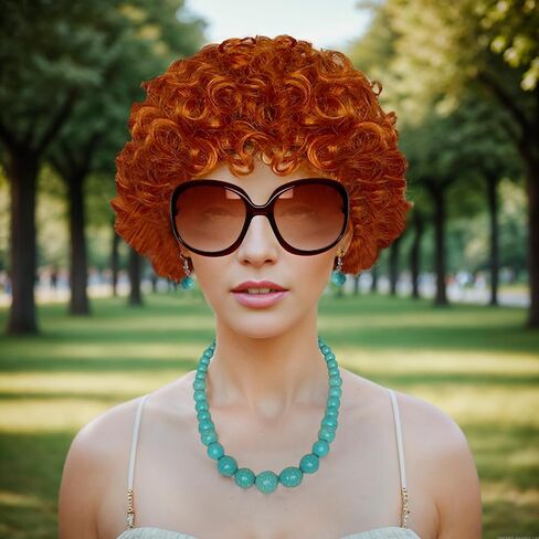 Short Curly Orange Red Wig with Glasses Jewelry Set Reddish Curly Wig Synthetic Womens Wig with Green Necklace Earrings Costume Accessories for Halloween Party Costume Cosplay in Saudi Arabia