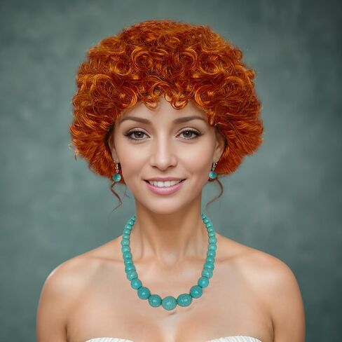 Short Curly Orange Red Wig with Glasses Jewelry Set Reddish Curly Wig Synthetic Womens Wig with Green Necklace Earrings Costume Accessories for Halloween Party Costume Cosplay in Saudi Arabia