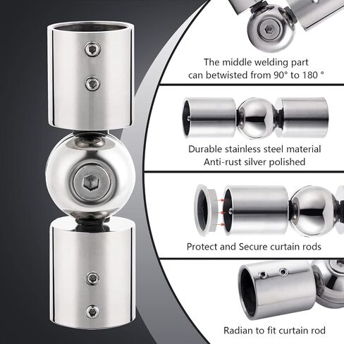 Corner Curtain Rod Connector, Heavy Duty Hinged Elbow Connector Stainless Steel Adjustable Corners Rod Connectors for Bay Window 1 Inch Curtain Rod, Silver White 2 Pcs in Saudi Arabia