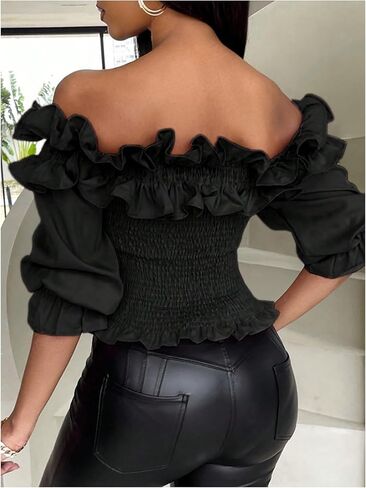 Floerns Women's Ruffle Trim Off Shoulder Flounce Sleeve Shirred Blouse Top in Saudi Arabia