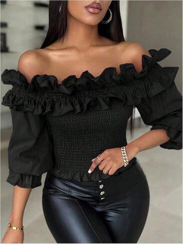 Floerns Women's Ruffle Trim Off Shoulder Flounce Sleeve Shirred Blouse Top in Saudi Arabia