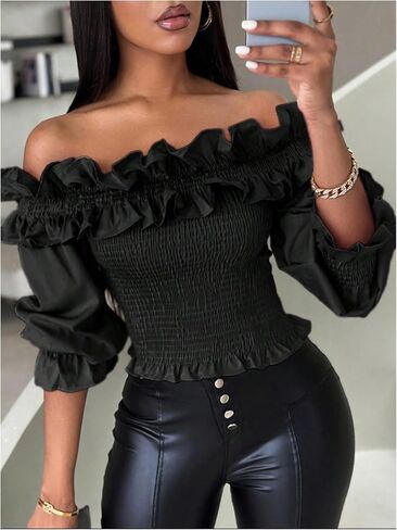 Floerns Women's Ruffle Trim Off Shoulder Flounce Sleeve Shirred Blouse Top in Saudi Arabia