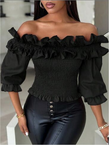Floerns Women's Ruffle Trim Off Shoulder Flounce Sleeve Shirred Blouse Top in Saudi Arabia