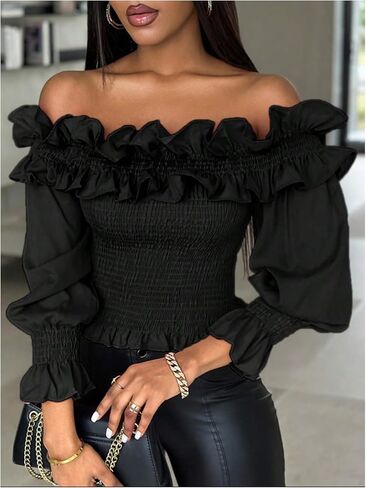 Floerns Women's Ruffle Trim Off Shoulder Flounce Sleeve Shirred Blouse Top in Saudi Arabia