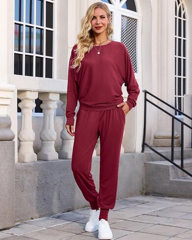 difficort Womens Two Piece Outfits Ribbed Knit Lounge Sets Long Batwing Sleeve Matching Set with Pockets in Kuwait