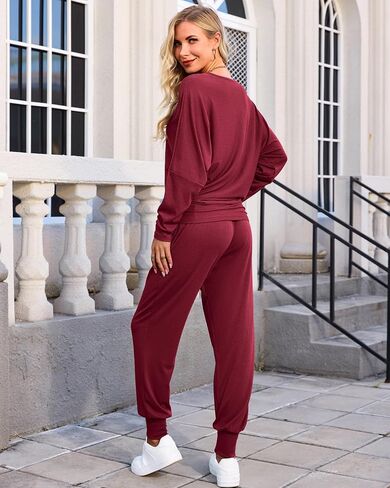 difficort Womens Two Piece Outfits Ribbed Knit Lounge Sets Long Batwing Sleeve Matching Set with Pockets in Kuwait
