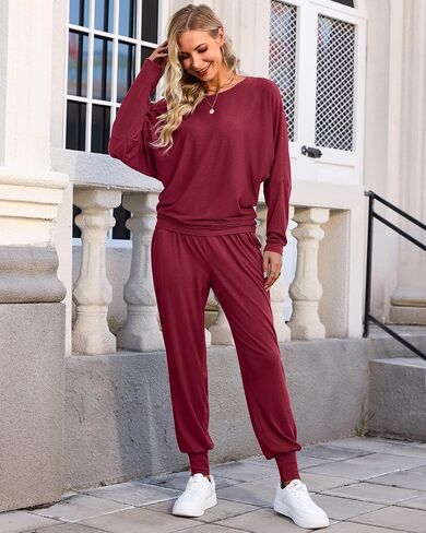 difficort Womens Two Piece Outfits Ribbed Knit Lounge Sets Long Batwing Sleeve Matching Set with Pockets in Kuwait
