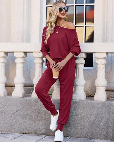 difficort Womens Two Piece Outfits Ribbed Knit Lounge Sets Long Batwing Sleeve Matching Set with Pockets in Kuwait