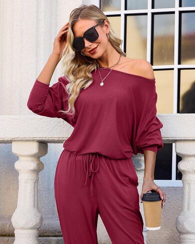 difficort Womens Two Piece Outfits Ribbed Knit Lounge Sets Long Batwing Sleeve Matching Set with Pockets in Kuwait