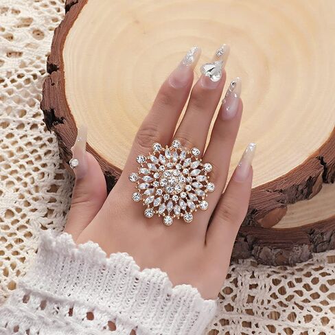 Exaggerated CZ Sunflower Flower Promise Ring for Women Girls Gold Plated Boho Expandable Adjustable Cubir Zirconia Cluster Open Wrap Engagement Rings Comfort Fit Elegant Wedding Birthday Christmas Jewelry Gift in Kuwait