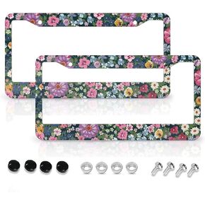 Flowers License Plate Frames,Car Accessories License Plate Cover Holders Aluminum Metal 2 Pcs Set 2 Holes with Screw Caps for US Standard Vehicles for Women Men-6.3" X 12.2" (Flowers)