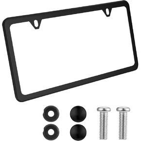 License Plate Frames Stainless Steel License Plate Cover Two Hole Slim Version License Plate Frame Flat License Plate Holder with Metal Screw Caps Car Accessories (Black)