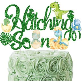 Dinosaur Hatching Soon Cake Topper Dinosaur Baby Shower Decorations Green Glitter Dinosaur Theme Cake Pick for Dino Theme Gender Reveal It's A Boy Party Supplies