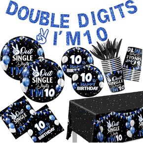 142pcs 10th Birthday Decorations for Boys,10 Year Old Birthday Decorations Tableware Double Digits Birthday Boy Plates and Napkins Cups Tablecloth for Boys Birthday Party Decorations