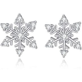 Silver Snowflake Jewelry Set for Women, 925 Sterling Silver Snowflake Stud Earrings & 45cm Necklace Pendant Set, with White AAA Cubic Zirconia, Christmas Gift for Ladies Girls