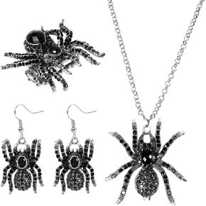 3 Sets Halloween Spider Jewelry, Gothic Earrings Dangle Spider Pendant Necklace Spider Ring with Crystal Rhinestone for Women