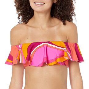 Trina Turk Women's Standard Vivid Vista Ruffled Off Shoulder Bandeau Bikini Top-Swimwear Separates