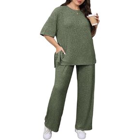 Beautife Womens Plus Size Lounge Sets Short Sleeve Tops and Wide Leg Pants Airport Travel 2 Piece Outfits Tracksuit