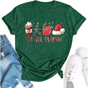 Christmas Shirts for Women Santa Holiday Short Sleeve Tops Xmas Graphic Print T Shirt