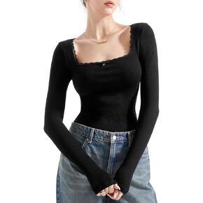 SUUKSESS Women Square Neck Ribbed Long Sleeve Shirts Lace Trim Y2k Crop Top
